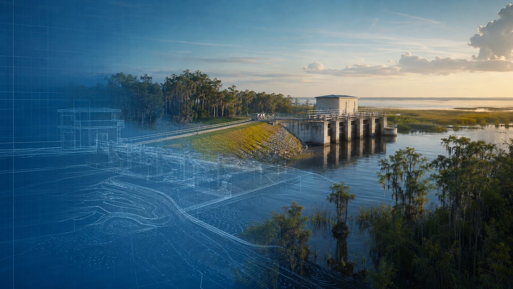 A Louisiana flood-control structure and cypress wetland emerging from engineering blueprints at sunrise.
